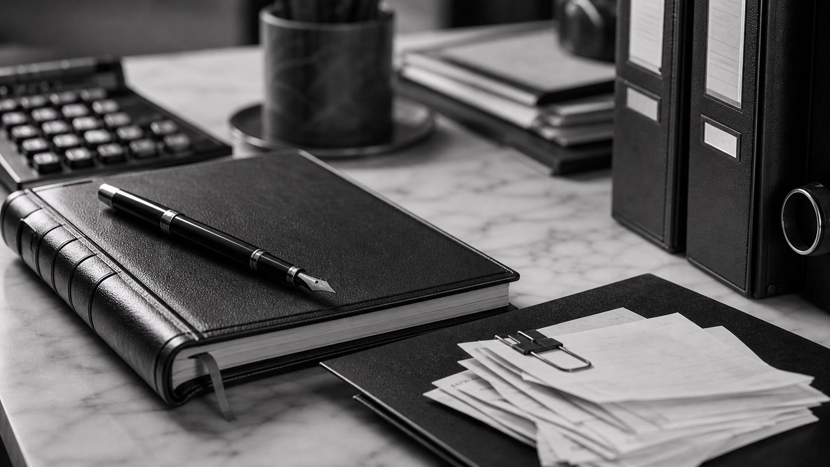 Organised bookkeeping ledger, receipts, and accounts administration folders