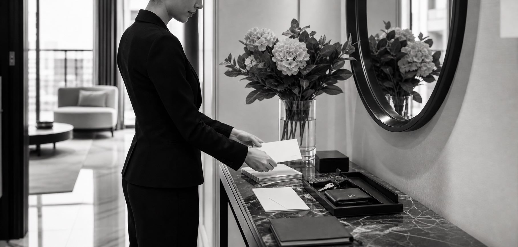 Personal assistant preparing private client correspondence in a refined residence
