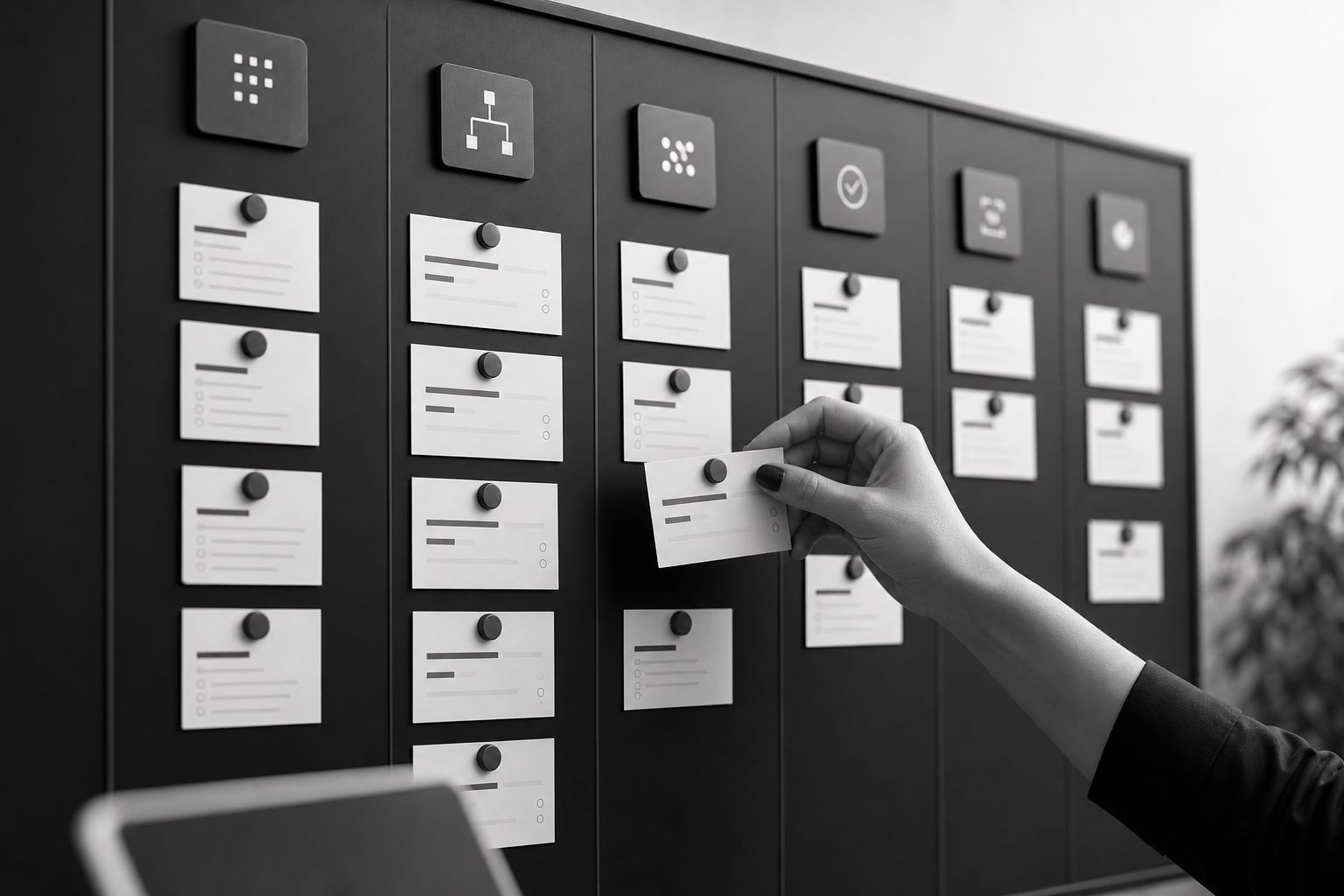 Administrative workflow board showing organised process cards and task planning